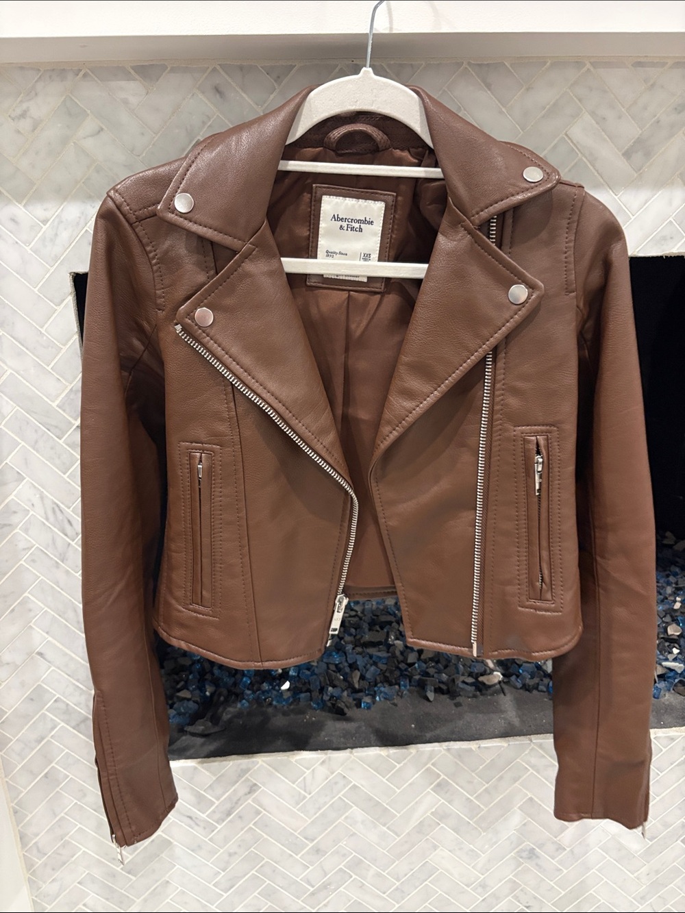 Abercrombie & Fitch Tan Cropped Moto Leather Jacket
